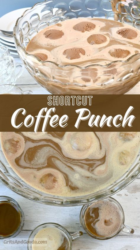 This shortcut coffee punch recipe is the easiest coffee punch you can make! It comes together in less than 10 minutes with just four ingredients. It's a showstopper and a crowd pleaser and a Southern classic! Made with cold brew coffee and ice cream, it's perfect for Christmas, New Year's Eve and baby showers. Coffee Punch Recipes, Brunch Shower Ideas, Bridal Brunch Shower, Coffee And Ice Cream, Coffee Punch, Alcoholic Punch Recipes, Ice Cream For Breakfast, Punch Recipe, Savory Appetizer