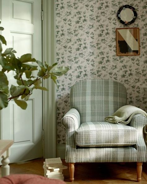 Laura Ashley on Instagram: "Reminiscent of the early days of September, the inviting Autumn Leaves design was first created as a wallpaper print in 1993. Featuring meandering autumnal leaves with thorn stems, this design is perfect to introduce a more natural theme to your home. ⁣ ⁣ 🔎 Autumn Leaves Wallpaper⁣ 🔎 Heritage Collectables Plate⁣ 🔎 Cambridge Chair, Colton Check Sage Green (coming soon) 🔎 Dorset Console Table⁣ 🔎 Dylan Throw" Laura Ashley Living Room, Autumn Leaves Wallpaper, Laura Ashley Home, Wallpaper Print, Leaves Wallpaper, Leaves Design, A Wallpaper, Living Room Green, Living Room Shop