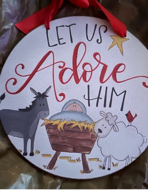 Round Wood Signs Door Hangers Christmas, Cardinal Door Hanger, Christmas Painted Door Hangers, Wood Christmas Door Hangers, Nativity Door Hanger, Painted Christmas Door Hangers, Christmas Wood Door Hangers, Hand Painted Ornaments Wooden, Thanksgiving Door Hangers