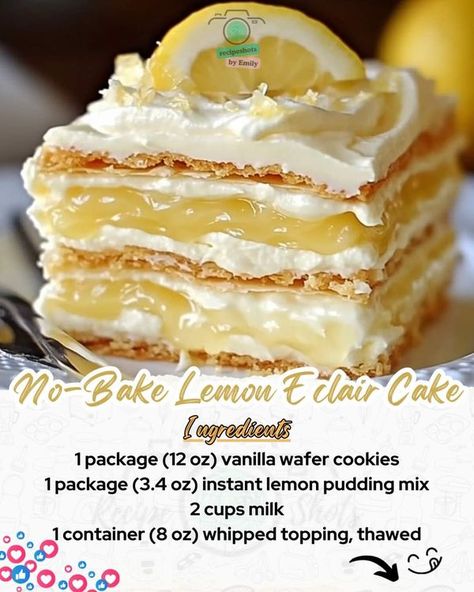 Emily Recipes | Enjoy a slice of this No-Bake Lemon Eclair Cake – the perfect sweet treat for a sunny day | Facebook Lemon Eclair Cake No Bake, Eclair Cake No Bake, Lemon Eclair, Emily Recipes, No Bake Eclair Cake, Cake No Bake, No Bake Lemon, Tastes Better From Scratch, Eclair Cake