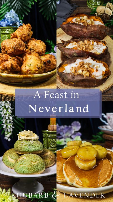 Prepare a Disney-themed feast inspired by Peter Pan and the characters of Neverland! These enchanting Neverland recipes are fit for grown-ups or a whimsical dinner party with tropical cocktails and recipes inspired by Tinkerbell, Captain Hook, the Lost Boys and the Mermaid Lagoon. Goonies Dinner And A Movie, Hook Themed Dinner, Neverland Food Ideas, Fantasy Dinner Recipes, Recipes For Birthday Dinner, Hook Movie Food, Peter Pan Dinner And A Movie, Movie Themed Recipes, Disney Themed Recipes