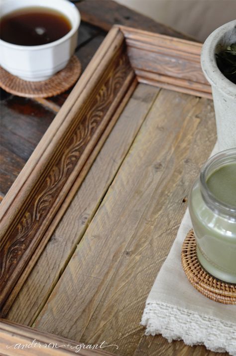 How to Create a Reclaimed Wood Tray from a Picture Frame | anderson + grant Diy Wood Tray, Picture Frame Inspiration, Trays Diy, Picture Frame Tray, Reclaimed Wood Tray, Cute Picture Frames, Unique Picture Frames, Wood Trays, Picture Frame Crafts