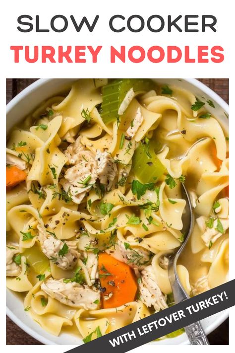 Wondering what to do with leftover turkey? Here's an easy homemade turkey noodle soup recipe! This comforting creamy soup is made with tender turkey & noodles. Whether you make it on the stovetop, crockpot, or Instant Pot, this is the best recipe with leftover turkey. Don't let those leftovers go to waste whip up this tasty turkey noodle soup & enjoy a satisfying meal that will warm your soul! Discover creative ideas for repurposing leftover soup and turn your leftovers into something amazing. Turkey Noodle Soup Crockpot, Homemade Turkey Noodle Soup, Soup With Egg Noodles, Turkey Noodles, Seasonal Dinner Recipes, Quick Fall Dinner, Easy Winter Soups, Soup With Egg, Leftover Soup