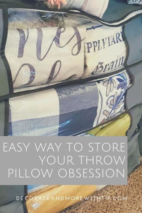 Store Pillows How To, Storage For Throw Pillows, How To Store Seasonal Pillows, Decorative Pillow Storage Ideas, Storing Throw Pillows, Storing Pillows And Blankets Ideas, How To Store Extra Pillows, Decorative Pillow Storage, How To Store Decorative Pillows