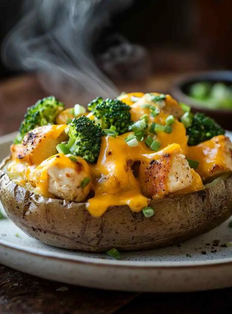 Baked Potato Filled with Tender Chicken, Fresh Broccoli, and Melted Cheese Baked Potato Fillings, Loaded Baked Potato Chicken, Chicken Broccoli Bake, Chicken Potato Bake, Easy Christmas Dinner, Broccoli And Potatoes, Twice Baked Sweet Potatoes, Stuffed Baked Potatoes, Chicken Fresh