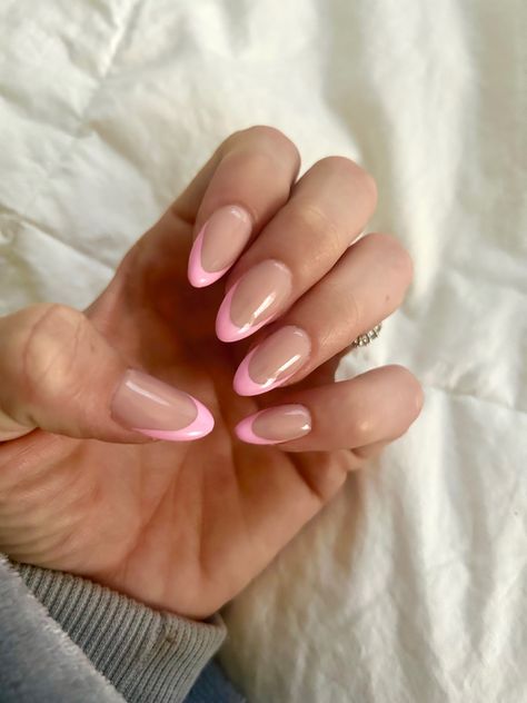 Pink French Tip Nails Almond Design, Spring Nails Almond Shape French Tip, Light Pink French Almond Nails, Baby Pink Almond French Tip, Almond Pink Tip Nails, Crazy French Tip Nails, Light Pink French Tip Almond, French Nails Light Pink, Pink French Tip Nails Round