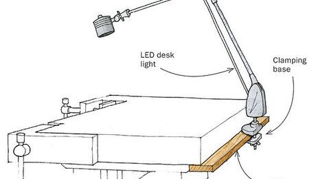 Flexible task lighting for the workbench - FineWoodworking Workbench Lighting, Workbench Light, Task Lighting, Fine Woodworking, Bright Light, Workbench, Light Source, Your Eyes, Projects To Try