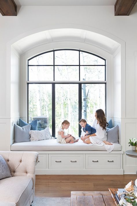 Arched window seat The arched window seat is one of our most common family hang out spots, and has large drawers underneath for toy storage Arched window seat #Archedwindowseat #windowseat Bedroom Window Seat, Window Seating, Bay Window Seat, Window Seat Design, Window Seats, Window Benches, Bedroom Seating, Window Room, Bedroom Windows