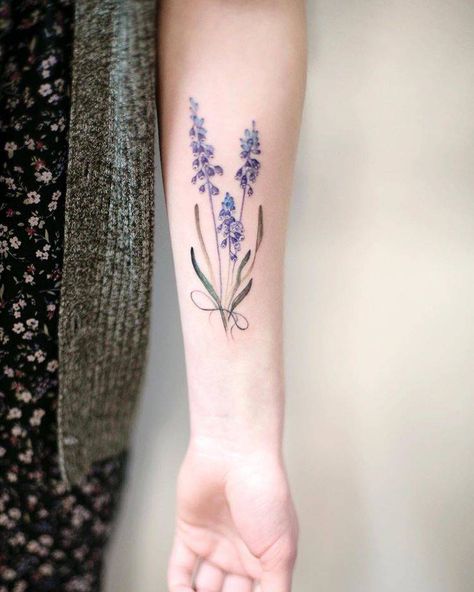 Muscari flowers as a symbol of happy childhood for my Small Tattoos For Ladies, Muscari Flowers, Larkspur Tattoo, Lavender Tattoo, Bouquet Tattoo, Wildflower Tattoo, Happy Childhood, Inner Forearm, Cute Small Tattoos