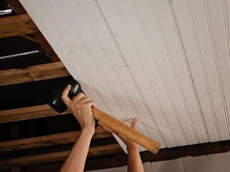 How to Replace a Drop Ceiling With Beadboard Paneling | DIY Replace Tile Ceiling, Black Beadboard Ceiling, Alternative To Drop Ceiling In Basement, Ceiling Panels Ideas, Headboard Ceiling, Walnut Ideas, Install Drop Ceiling, Diy Ceilings, Drop Ceiling Makeover