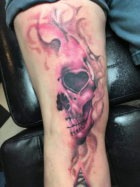 Purple Skull Tattoo, Pink And Black Tattoo Sleeve, Skull Coming Out Of Skin Tattoo, Flame Tattoos For Women, Skull With Heart Eyes Tattoo, Pink Skull Tattoo, Pink And Black Tattoo Ideas, Pink Sleeve Tattoo, Skull With Flames Tattoo