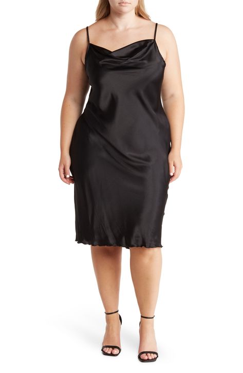 bebe Cowl Neck Satin Midi Slipdress available at #nordstromrack Elegant Style, Cowl Neck, Midi Length, Plus Size Dresses, Nordstrom Rack, Knee Length, Slip Dress, Little Black Dress, Adjustable Straps