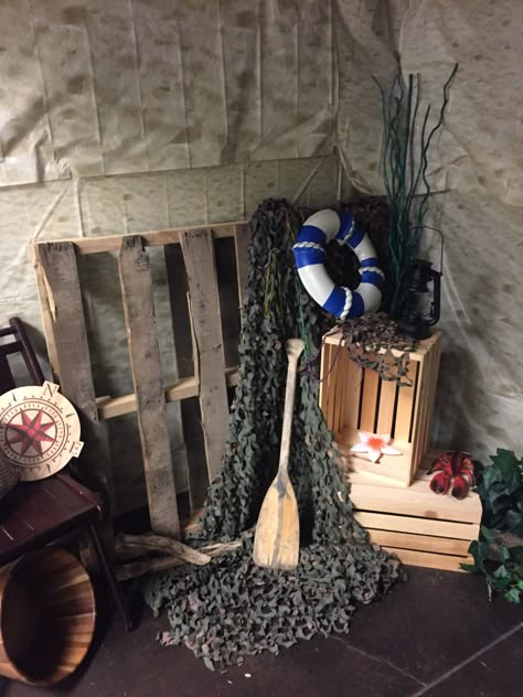 Shipwrecked vbs decorations hallway Ship Decorations Ideas, Shipwreck Party Theme, Gone Fishing Vbs Decorations, Vbs 2024 Decorations, Gone Fishing Vbs Ideas, Nautical Vbs Decorations, Vbs Fishing Theme, Diy Shipwreck Decor, Cruise Ship Vbs