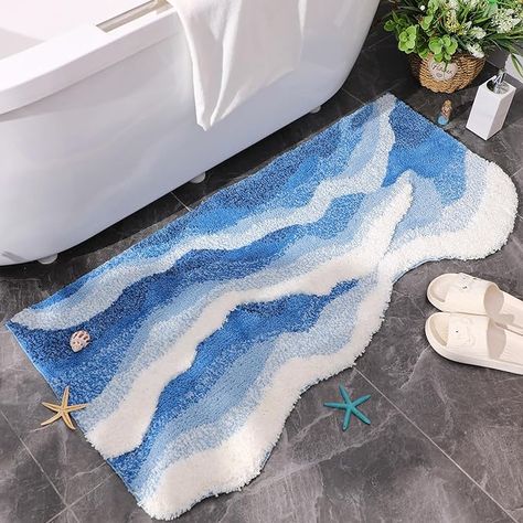 Blue Wave Rug 47 x 24 Inch Tufted Ocean Waves Area Rug Ocean Rug with Nonslip Backing Coastal Bathroom Rugs Washable 3D Waves Bath Mats for Home Living Room Bathroom Bedroom Kitchen Decor Ocean Bathroom Theme, Bathroom Area Rugs, Wave Rug, Ocean Themed Bathroom, Ocean Bathroom, Ocean Rug, Rugs Washable, Coastal Bedroom Decorating, Coastal Bathroom