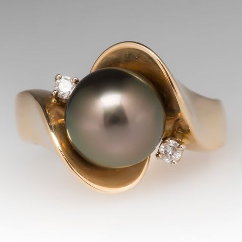 Womens Rings Unique, Pearl Jewelry Ring, Tahitian Pearl Ring, Black Pearl Ring, Pearl Diamond Ring, Pearl Rings, Pearl And Diamond Ring, Gold Diamond Wedding Band, Bridal Fashion Jewelry