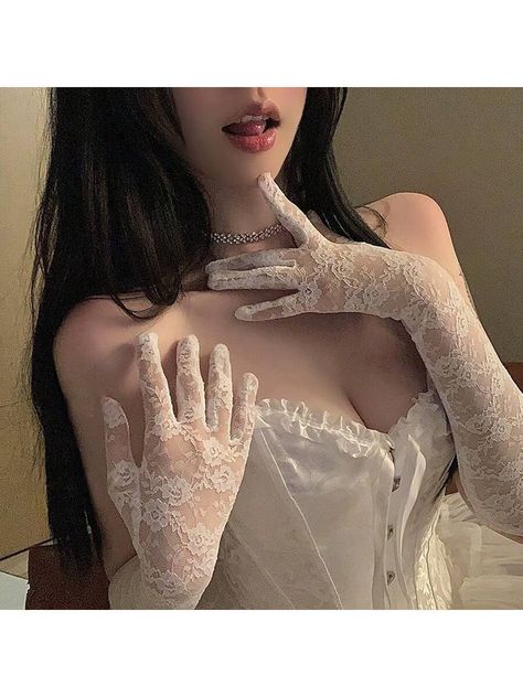 White Lace Gloves Wedding, White Lace Gloves Aesthetic, White Lace Gloves Outfit, Lace Gloves Aesthetic, Lace Gloves Outfit, White Lace Gloves, Gloves Outfit, Gloves Long, Nightclub Dress