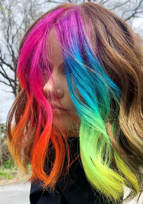 Colourful Money Piece, Rainbow Front Pieces Of Hair, Rainbow Hair Front Pieces, Vivid Color Money Piece, Colourful Money Piece Hair, Fun Color Money Piece Hair, Rainbow Streak Hair, Rainbow Hair With Bangs, Rainbow Color Block Hair