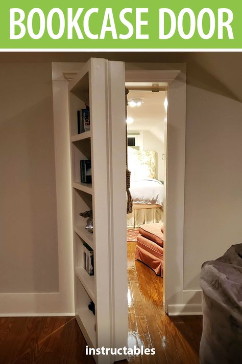 Hidden Doorway Bookcase, Cover A Door With Shelves, Hidden Door Bookcase Plans, How To Build A Secret Bookcase Door, Double Hidden Door, Closet Murphy Door, Double Sided Bookcase Door, Book Case Door Diy, Diy Hideaway Door