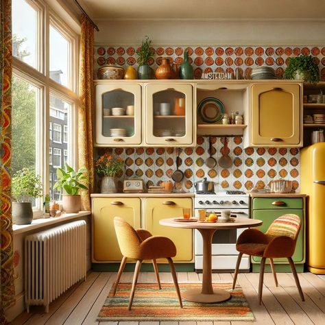 Interieur trends | Jaren 70 interieur, retro is back! • Stijlvol Styling woonblog • Voel je thuis! 70s Retro Kitchen, 70s Kitchenware, 1960s Kitchen, 70s Kitchen, Retro Interior Design, Retro Interior, 70s Retro, Retro Kitchen, New Home Ideas