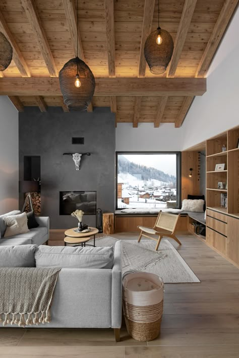 Modern Chalet Interior, Ski Chalet Interior, Chalet Living Room, Luxury Chalet Interior, Ski House Decor, Chalet Interior Design, Alpine House, Modern Chalet, Mountain Interiors