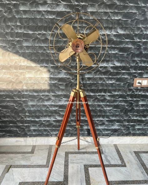 Vintage-Inspired Handmade Electric Floor Fan with Adjustable Wooden Tripod Stand - Antique Brass Finish, Home Office Decor Standing Fans, Antique Flooring, Antique Fans, Pedestal Fan, Retro Fan, Industrial Flooring, Selling Antiques, Floor Fan, Vintage Inspired Design