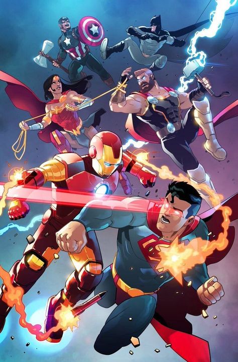 Marvel's Avengers take on DC's Justice League in a battle of different Earth's Mightiest Heroes in this epic crossover art from Stephen Byrne. Dc And Marvel Crossover Art, Thor Vs Superman, Avengers Vs Justice League, Art Dc Comics, Dc Comics Vs Marvel, Marvel And Dc Crossover, Dc Comics Wallpaper, Marvel Artwork, Arte Dc Comics