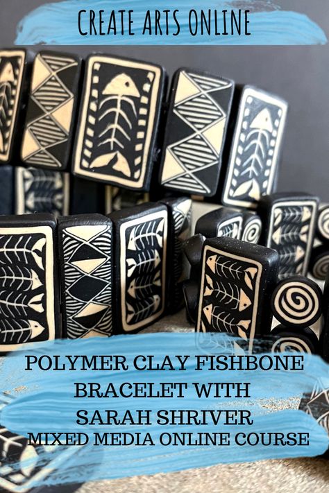 In this mixed-media art online course artist Sarah Shriver shares her favorite tips to create various polymer clay patterns designs before assembling a fishbone bracelet. Jewelry making is Sarah's specialty. She loves to teach how to make her unique polymer clay caning patterns and make functional jewelry art.   
Learn:
How to roll out the clay  and get your edges clean 
How to cut the clay in geometric shapes
How to shape and reduce the stacks to the tile size
How to create multiple designs Polymer Clay Patterns, Fishbone Bracelet, Tile Bracelet, Clay Patterns, How To Roll, Functional Jewelry, Clay Tiles, Simple Graphic, Fish Bone