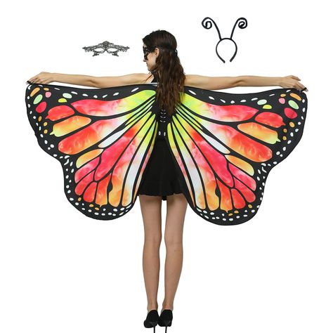 PRICES MAY VARY. Premium Material - The shawl is made of polyester and chiffon, breathable and comfortable, it's very soft lightweight and durable. Fairy Dress-Up - Put on this cosplay costume set and become the most beautiful butterfly fairy! The colorful print and stylish appearance will add charm to you on Halloween, theme party, birthday, etc. Butterfly Wing+Antenna Headband and Mask - This Halloween costume cloth set contains one butterfly wing+one mask+antenna Headband. You can use this ga Butterfly Fancy Dress, Women's Wraps And Shawls, Fabric Butterfly Wings, Baby Halloween Party, Butterfly Shawl, Butterfly Wings Costume, Butterfly Halloween, Butterfly Costume, World Fashion