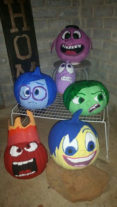 Pumpkins Decorating Ideas Paint, Inside Out Scarecrow, No Craved Pumpkins Ideas Easy, Inside Out Pumpkin Ideas, Joy Pumpkin Inside Out, Team Pumpkin Decorating, Pumpkin Painting Ideas Inside Out, Pumpkin Painting Ideas Rainbow, Pumpkins For School Contest