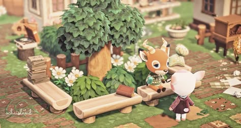 Cute Animal Crossing Campsite Ideas, Acnh Store Front Ideas Cottagecore, Garden Core Animal Crossing, Acnh Small Garden Ideas, Wolfgang Yard Guide Acnh, Reading Area Animal Crossing, Acnh Walkway Ideas, Acnh Community Center Ideas, Animal Crossing Lounge Area