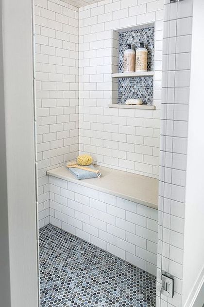 45 Trendy Penny Tiles Ideas For Bathrooms Tudor Bathroom, Penny Tiles Bathroom, White Subway Tile Shower, Tile Shower Niche, White Tile Shower, Modern Tudor, Trendy Bathroom Tiles, Grey Bathroom Tiles, Penny Tile