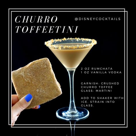 Churro Toffeetini, Disney Cocktails, Disneyland drink recipes Churro Cocktail, Disney Alcoholic Drinks, Pub Drinks, Bartending 101, Disney Inspired Cocktails, Halloween Recipes Drinks, Disney Cocktails, Disney Parties, 5 Oclock