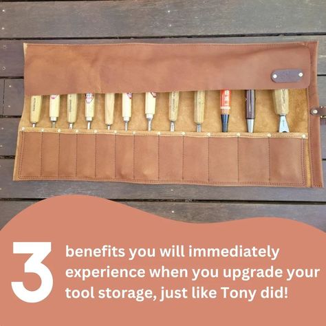 Meet my customer, Tony. Tony is a passionate woodworker and blacksmith who takes immense pride in his craft. Tony and his wife Cathy recently bought three of my leather chisel rolls, and he couldn't be happier. His tools are neatly organised, easily accessible, and well-protected. Cathy tells me he will be the envy of his group! 😍 They deeply appreciate the craftsmanship and durability of these chisel rolls, which perfectly align with his dedication to his trade. Thank you Tony for sharing t... Be Happier, Tool Storage, Blacksmithing, Woodworking, Rolls, Tools, Leather, Quick Saves