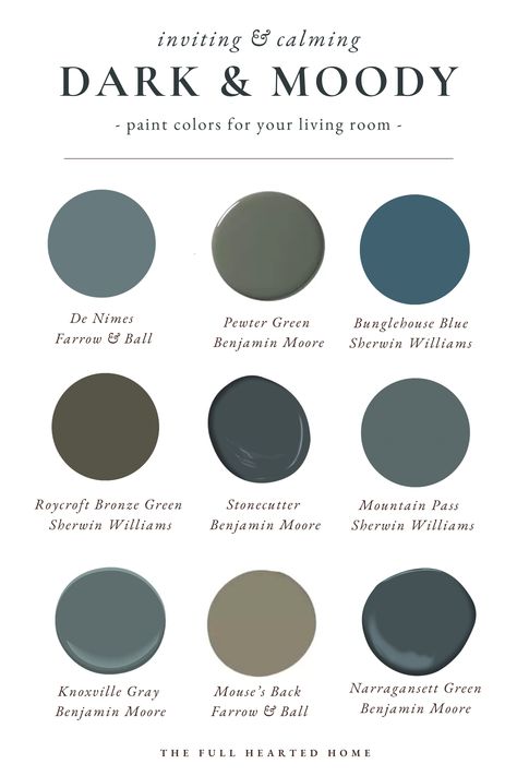 Moody Paint Colors for Your Living Room - Full Hearted Home Dark Accent Wall Bedroom Colors, Modern Goth Office, Moody Entry Way, Moody Blue Office Paint Colors, Moody Front Room, Moody Paint Colors For Bedrooms, Moody Hallway Paint Colors, Earthy Blue Living Room, Moody Earthy Home