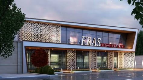 Function Hall Design Exterior, Clinic Facade Design, Strip Mall Exterior, Mall Entrance Design, Clinic Facade, Factory Facade Design, Office Elevation, Hotel Elevation, Mall Exterior