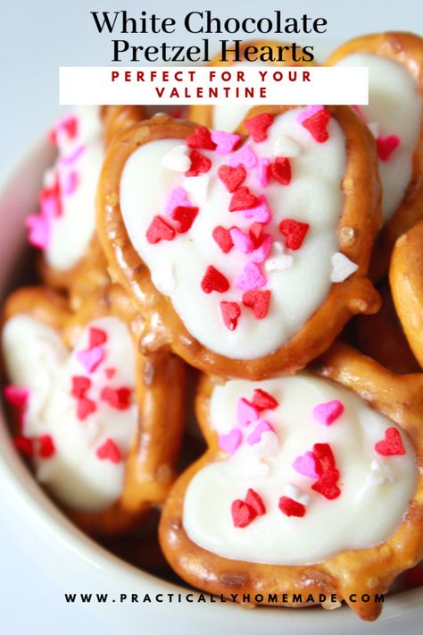 Valentine Chocolate Pretzels, Valentine Pretzels, Chocolate Heart Pretzels, Pretzel Hearts, Galentines Ideas, Valentines Dessert, Valentine Dessert, Pretzels Chocolate, Practically Homemade