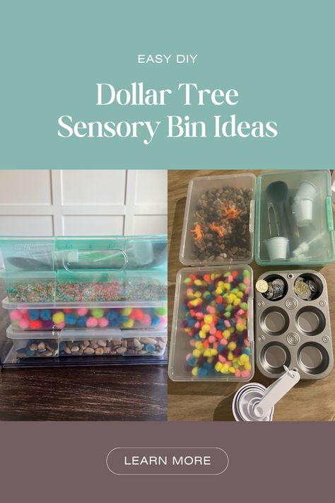 Ready to head to the Dollar Tree for a Sesnroy Bin haul? Click here to see some of my favorite Dollar Tree finds for creating Sensory Bins and activities! Dollar Tree Activity Boxes, Diy Montessori Toys Dollar Tree, Dollar Tree Activities For One Year Old, Dollar Tree Montessori Activities, Dollar Store Sensory Ideas, Dollar Tree Activities For Kids, Dollar Store Activities For Toddlers, Sensory Bins Dollar Tree, Sensory Bin Organization