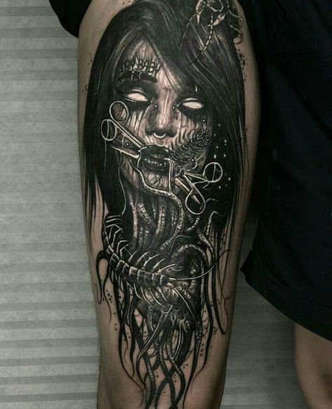 Scary Tattoo Designs, Tattoo Women Back, Tattoo Ideas Dark Art, Dark Tattoos For Men, Man Tattoo Ideas, Tattoo Ideas Dark, Horror Tattoo Ideas, Memorial Tattoo Ideas, Decorative Walls