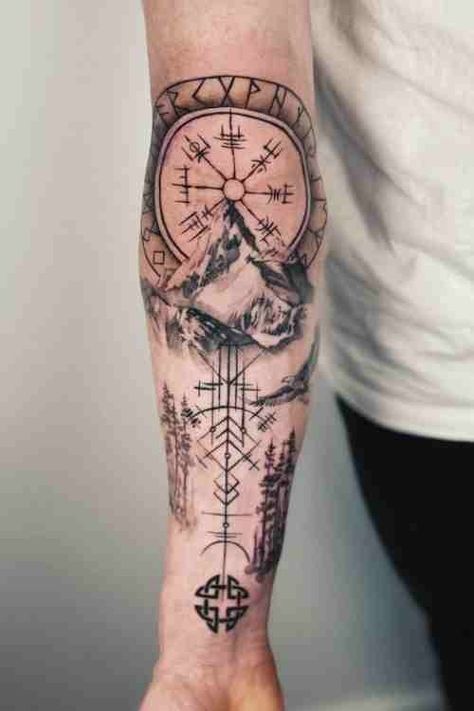 Detailed Viking Tattoo Guide With History, Meanings & Viking Tattoo Symbols - Tattoo Stylist German Mythology Tattoo, Christian Viking Tattoo, Hunter Tatoos, Thors Hammer Tattoo Vikings, Viking Tattoo Sleeve Norse Mythology, Viking Arm Tattoo For Men, Norse Mythology Tattoo For Women, Norse Sleeve Tattoo, Viking Sleeve Tattoo For Men