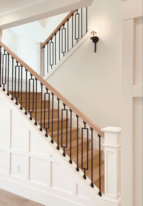 Single rectangle baluster refreshes your staircase to a whole nee level! Japandi Railing, Wood Railing With Metal Spindles, Staircase Moulding, Staircase Farmhouse, Staircase With Iron Balusters, Metal Spindles Staircase, Staircase Metal Spindles, Window Fence, Stair Bannister