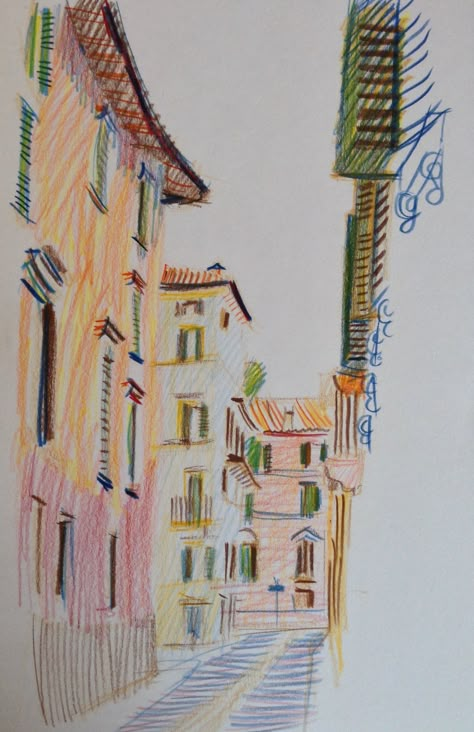 Colored Pencil Cityscape, Pencil Crayons Drawing, Color Pencil Illustration Sketches, Coloring Pencils Drawing, Belgium Drawing, Pencil Crayon Art, Crayon Sketches, Pencil Color Art, Colorpencils Drawing