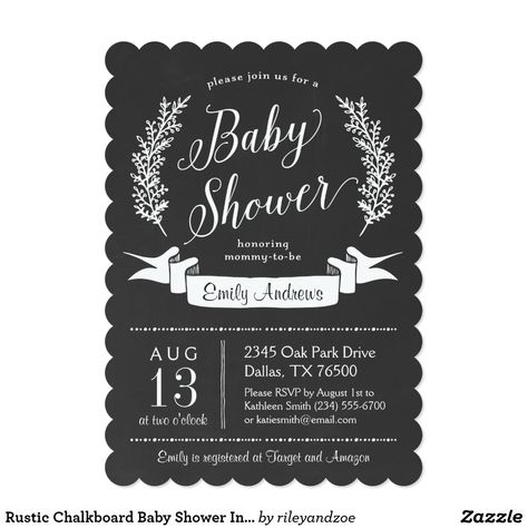 Rustic Chalkboard Baby Shower Invitation Chic rustic baby shower invitation with elegant typography in a white botanical wreath. Design has a printed faux chalkboard background. Click Customize It to change text fonts and colors to create a unique one of a kind design. Pink Baby Shower Cake, Baby Shower Favours For Guests, Chalkboard Baby, Botanical Wreath, Rustic Baby Shower Invitations, Rustic Chalkboard, Baby Shower Desserts, Chalkboard Background, Baby Shower Supplies