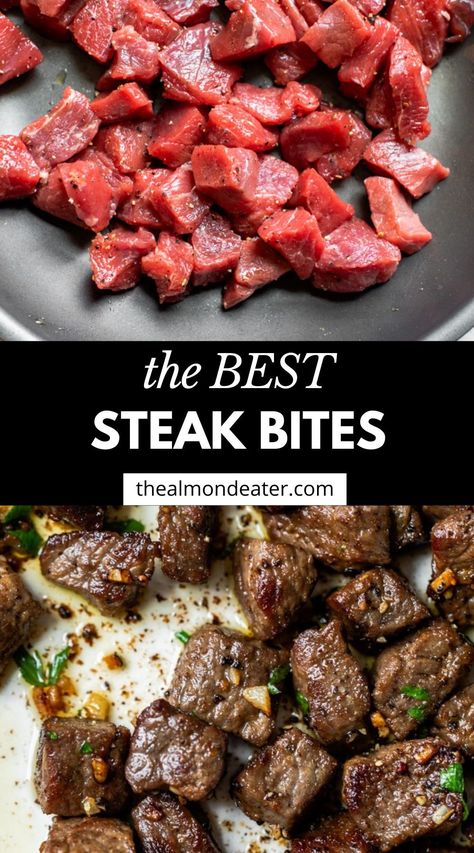 Easy Steak Bites make eating steak convenient and delicious. This steak is bite-sized, so you can eat it with just a fork, and it's covered in grass-fed butter and garlic for loads of flavor. Low Carb Steak Bites Recipe, Diner Ideas With Steak, Steak Bites Recipes Skillet, Steak Ends Recipes, Ways To Use Steak Meat, Grilled Steak Bites Recipe, Steak Bites And Asparagus, Pan Fried Steak Bites, Steak Bites With Zip Sauce