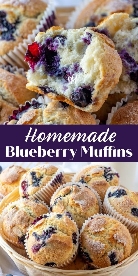 These Homemade Blueberry Muffins are loaded with blueberries and topped with the perfect sprinkle of sugar, This easy breakfast recipe make the best muffins you've ever had. This time tested, no fail breakfast pastry recipe is one that you’ll come back to again and again. Homemade Muffins Blueberry, No Butter Blueberry Muffins, Baking Recipes Blueberry Muffins, Large Batch Blueberry Muffins, Blueberry Baking Recipes, Dried Blueberry Recipes, Easy Blueberry Muffins Recipe, Best Blueberry Muffins Recipe, Canned Blueberry Recipes