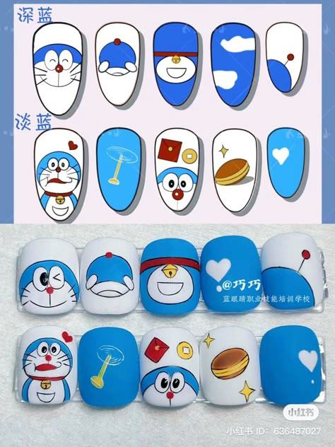 Short Nail Cartoon Art, Doremon Nails Art, Doremon Nail Art Designs, Doraemon Nail Art, Cartoon Nails Art, Nail Art Cartoon, Baby Pink Wallpaper Iphone, Cartoon Nail Designs, Nail Decals Diy