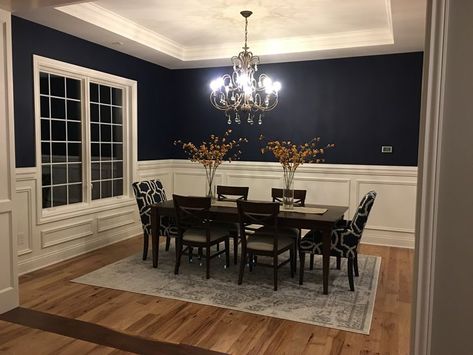 SW 6244 Naval Blue dining room | Dining room blue, Dining room wainscoting, Dining room colors Dark Blue Dining Room, Blue Dining Room Walls, Light Blue Living Room, Dining Room Navy, Blue Dining Room, Blue Walls Living Room, Dining Room Wainscoting, Dining Room Paint Colors, Dining Room Updates