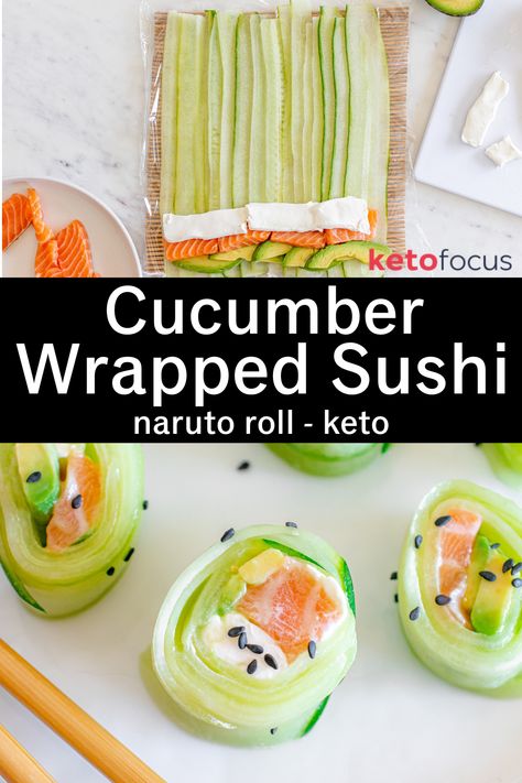 Thinly sliced cucumber on a bamboo mat with salmon, avocado and cream cheese lined up. The cucumber rolls on a plate topped with sesame seeds. Cucumber Crab Sushi Roll, Cucumber Sushi Recipes, Tunacado Cucumber Roll, Cucumber Wrapped Sushi, Avocado And Cream Cheese, Cucumber Wraps, Gluten Free Sushi, Cucumber Sushi Rolls, Traditional Sushi