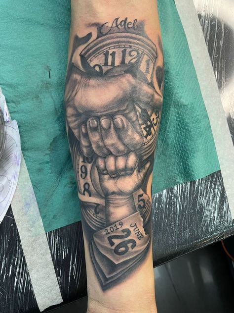 Father Son Sleeve Tattoo, Tattoos For Dads With Sons, Lost Son Tattoo, Father Tattoo Ideas For Men, Son And Dad Tattoos, First Born Son Tattoo Ideas, Date And Time Tattoo, Father Son Tattoos For Men, Rip Dad Tattoos For Men