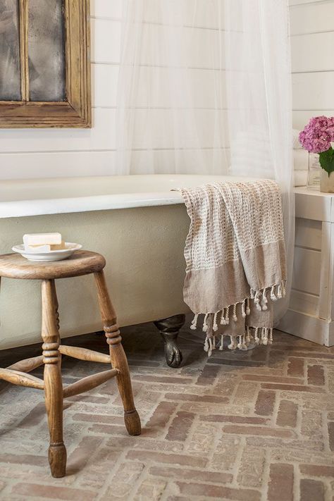 Upstairs Bathroom: Cottage House Flip Reveal Bathrooms With Clawfoot Tubs, Clawfoot Tub Bathroom, Brick Bathroom, Clawfoot Tubs, Bathroom Floor Tile, Mold In Bathroom, Cottage Bathroom, Brick Flooring, Upstairs Bathrooms