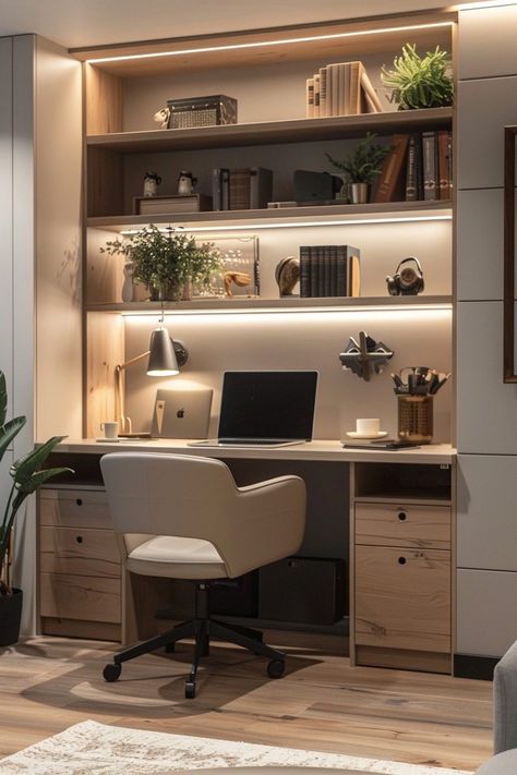 Home Workspace Ideas Small Spaces, Tiny Office Space Ideas, Tiny Office Space, Minimal Office Design, Office Space Ideas, Space Home Decor, Bedroom Workspace, Home Office Closet, Compact Home